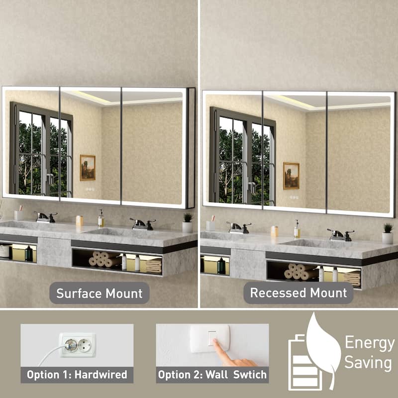 Grand Aluminum Medicine Cabinet with Mirror, Adjustable Shelves, Dimmable Light, Anti-Fog, Recessed or Wall Mount