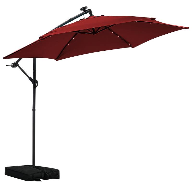 Autlaycil 10ft Offset Hanging Market Patio Umbrella With Base&Solar Lights - Red