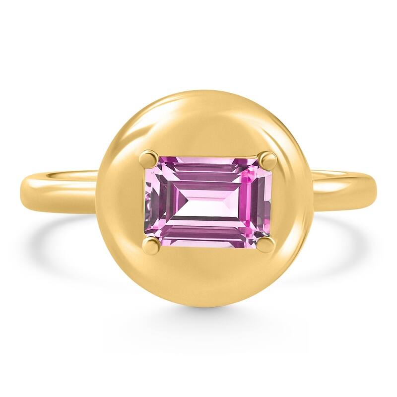 Bliss Diamond Candy Button Yellow Gold Emerald Cut Pink Topaz Ring