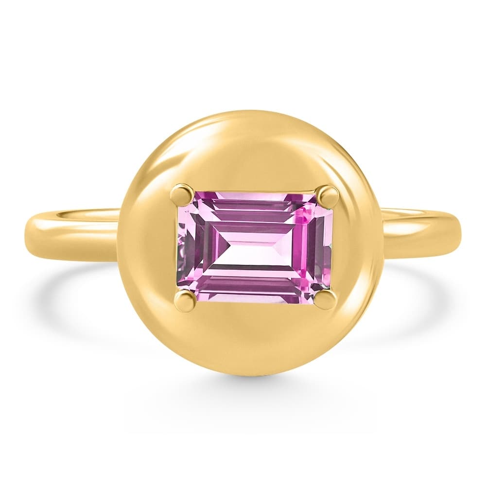 Bliss Diamond Candy Button Yellow Gold Emerald Cut Pink Topaz Ring