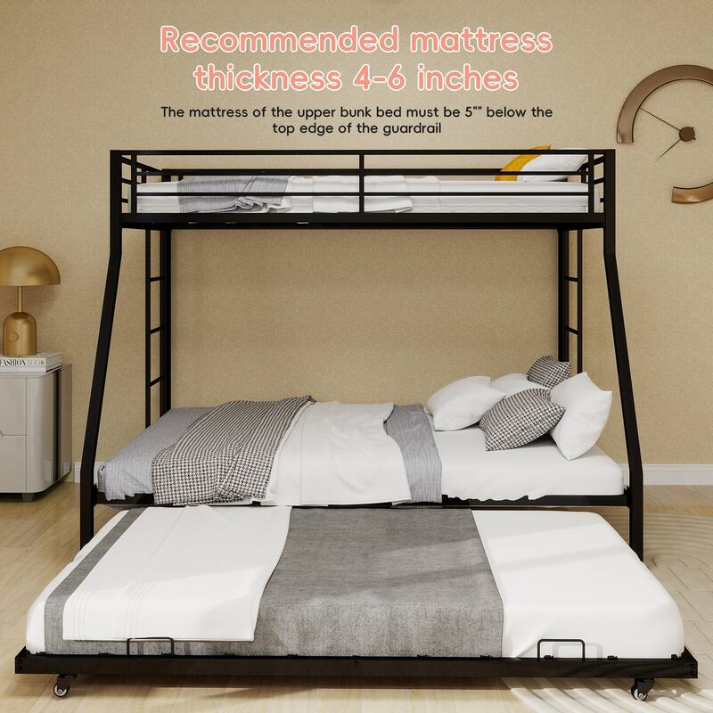 High - Stability Square Tube Bunk Bed, Featuring Ladder & Rolling Trundle, Modern Minimalist Look, Queen