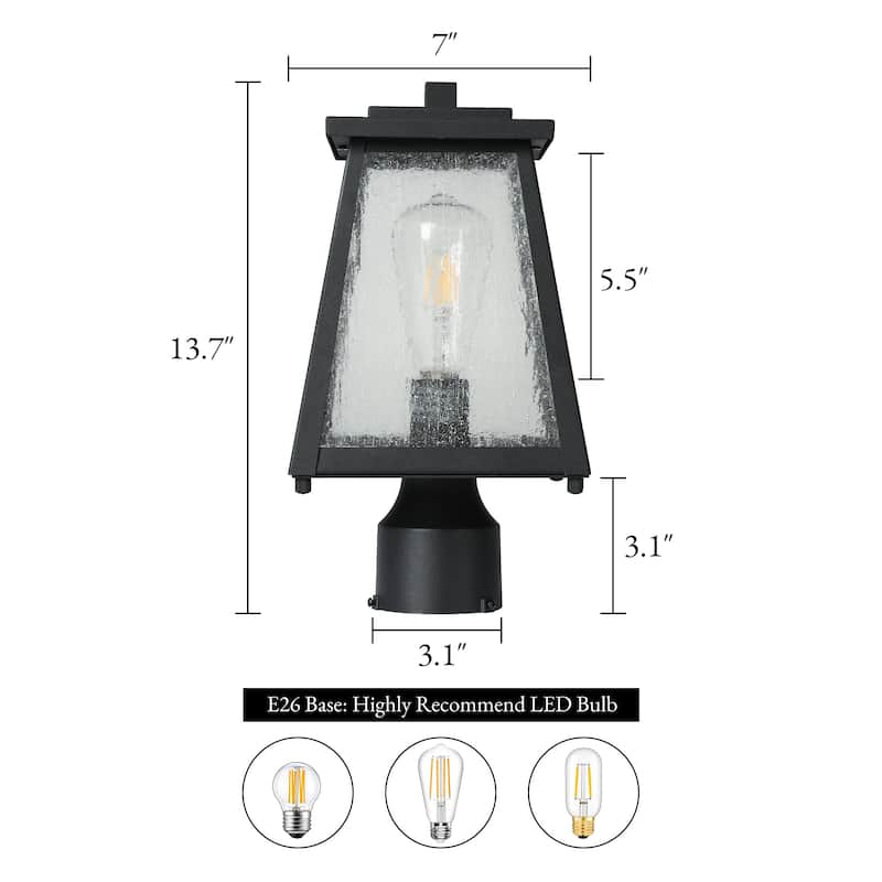 Modern Black 1-Light Outdoor Post Light Lantern for Garden Pathway - W 7" x H 13.7"