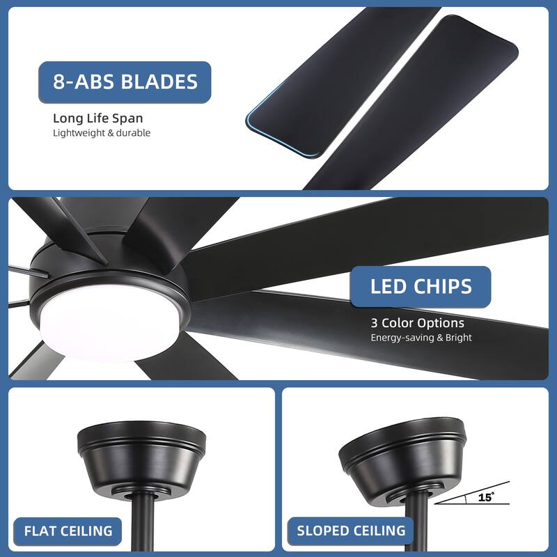 52"/66"/72"/76 Inch Modern Ceiling Fan with Dimmable LED Light ,Remote&APP Control,8 Blades for Large Living Room,Porch