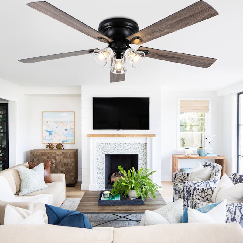 Bella Depot 52" 3-Light Brown Flush Mount Ceiling Fan with Light and Remote Control 6-speed Reversible Timer DC Motor