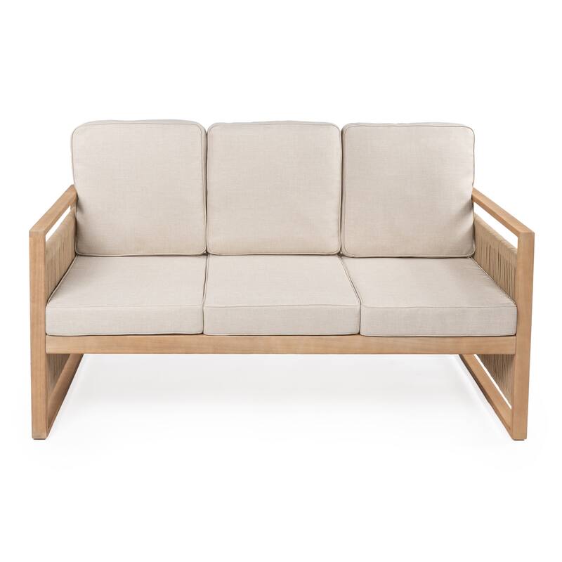 Saranac 3-Seat Mid-Century Modern Roped Acacia Wood Outdoor Sofa with Cushions, by JONATHAN Y - Beige