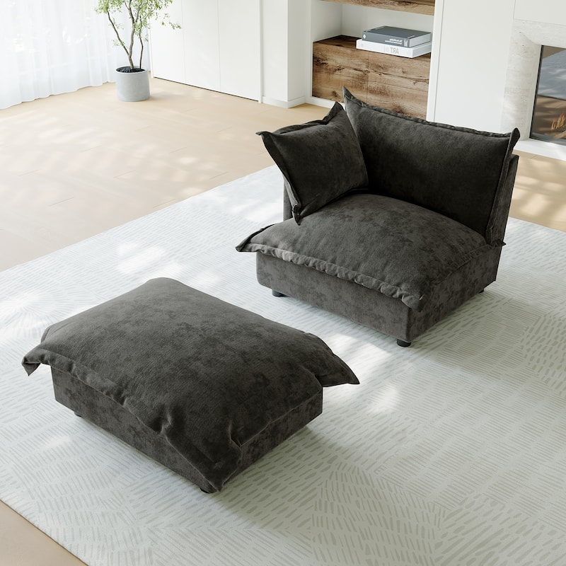 Casual 40"W Oversized Soft Comfy Cloud Chenille Chaise Lounge with Ottoman - Left Facing - Dark Grey