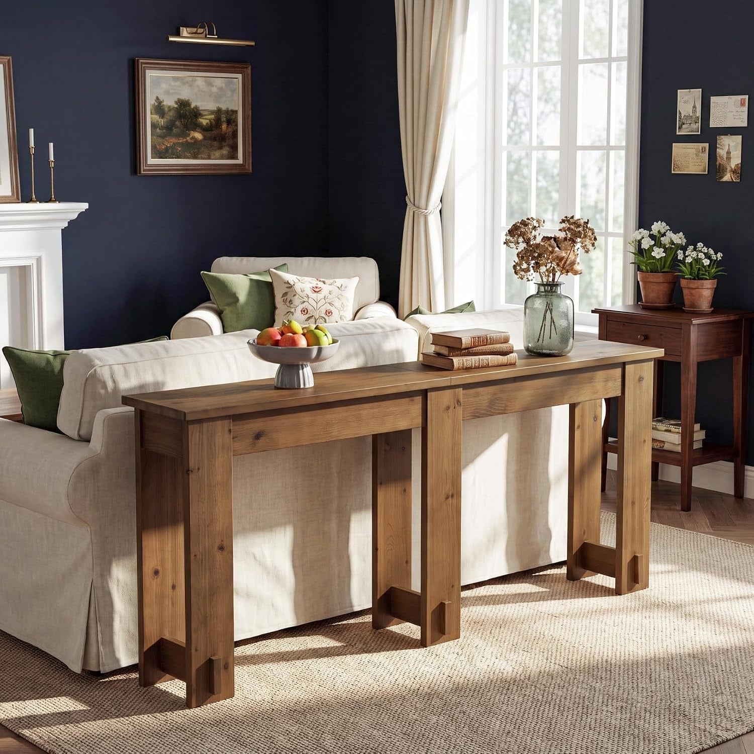 78.7” Extra Long Console Table with 6 Legs Support, Solid Wood Sofa Table