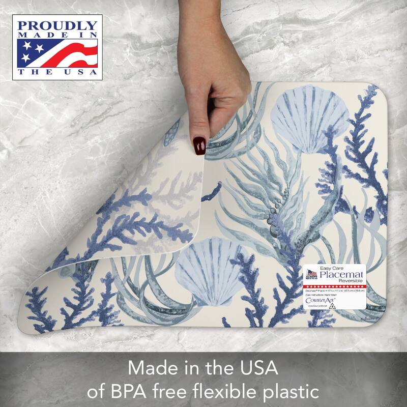 Blue Sea Life 4 Pack Reversible Easy Care Flexible Plastic Placemats Made in The USA BPA Free Easily Wipes Clean