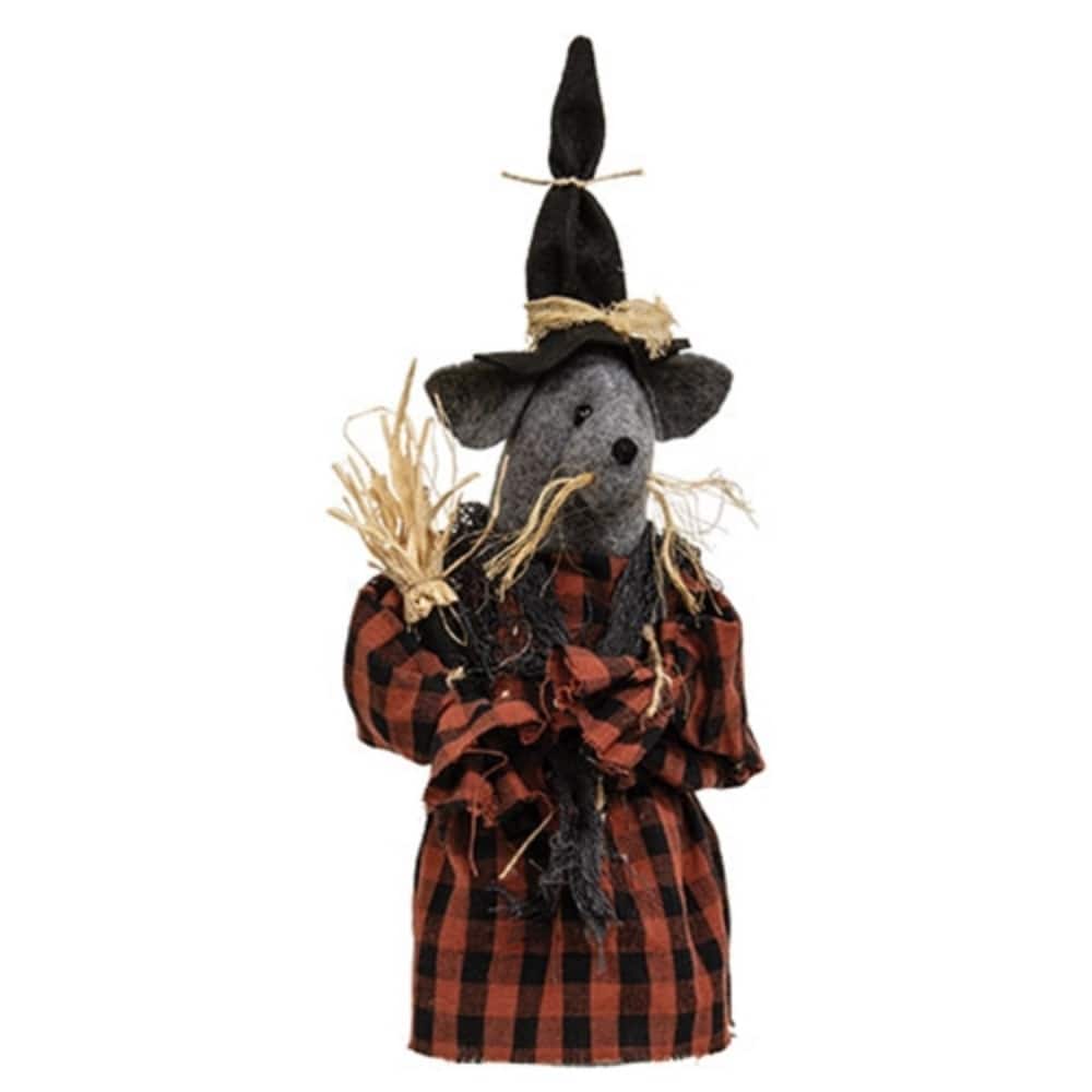 12.5" Freestanding Grey Witch Mouse Plush Figure with Straw Broom and Vintage Spooky Style - 12.5" H x 4.25"Dia