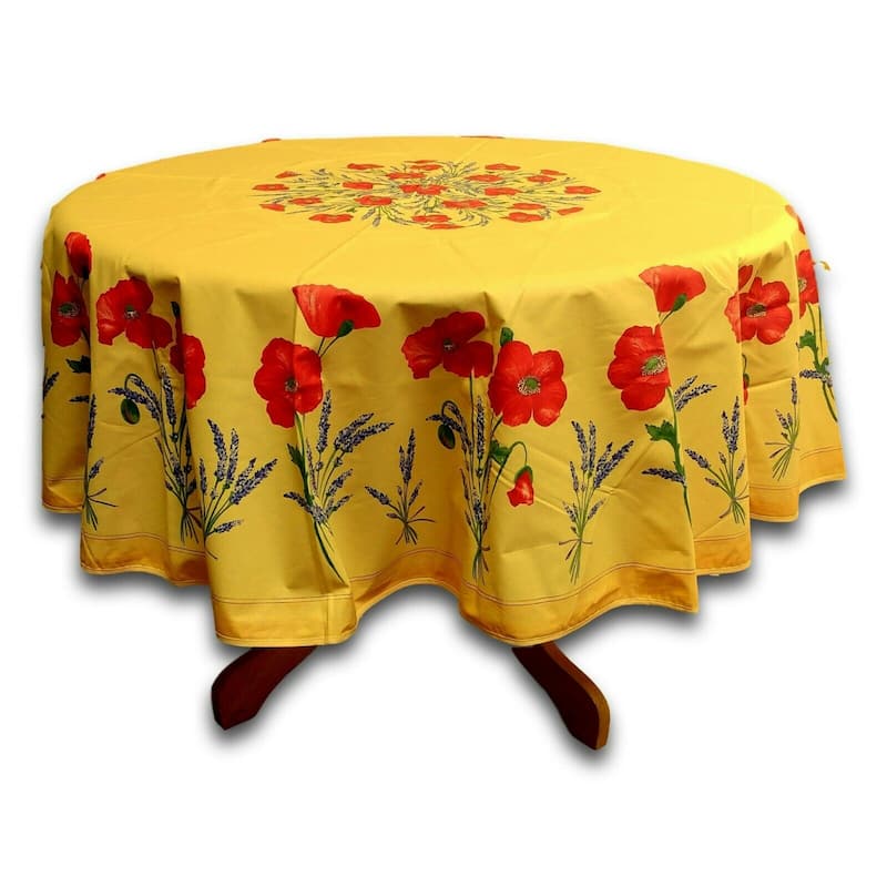 Wipeable Spill Resistant Provencal Cotton Cannes Collection Tablecloth - 71-in Round - Yellow Poppy
