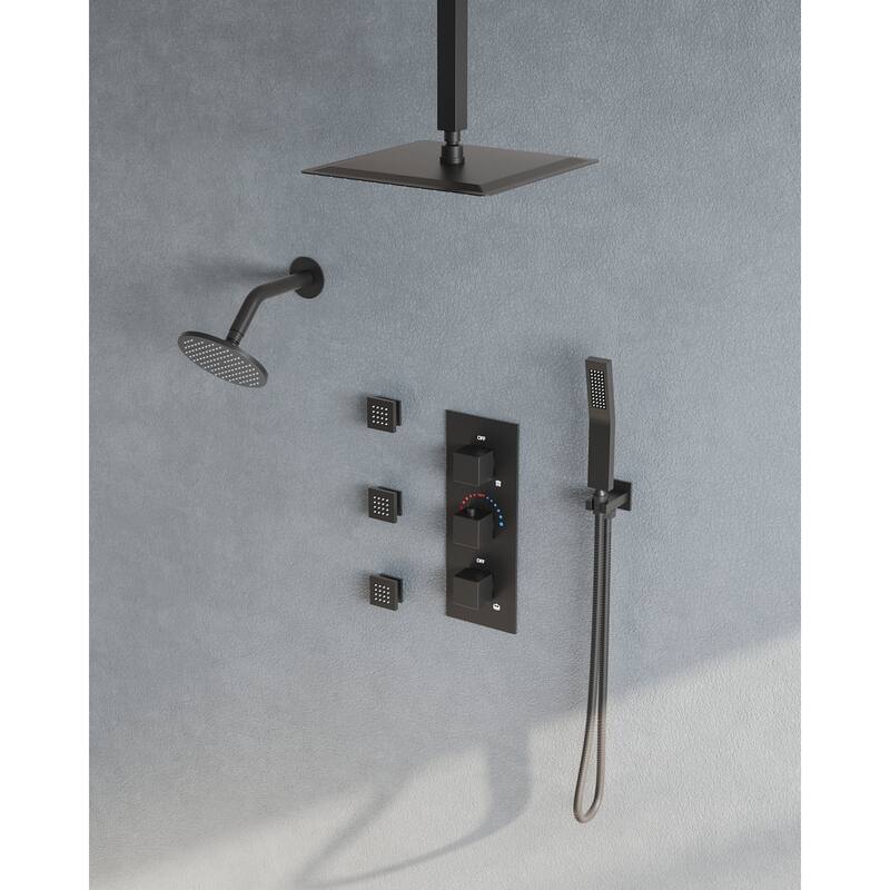 Thermostatic Dual Heads 12" Multi-Function Shower System with 3 Body Sprays