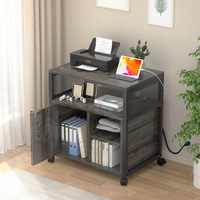 Rolling File Cabinet Lateral Office Filing Cabinets with Charging Station,Modern Printer Stand on Wheels - Black Oak
