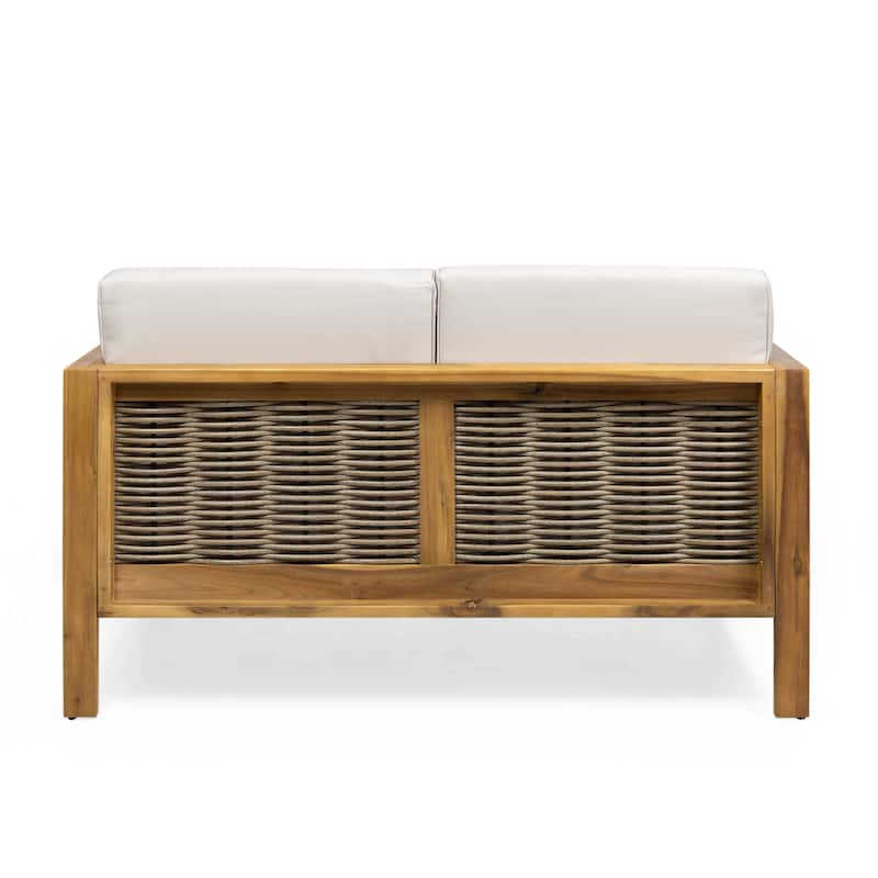 Linwood Acacia Wood and Wicker Outdoor Loveseat and Coffee Table Set with Cushions by Christopher Knight Home