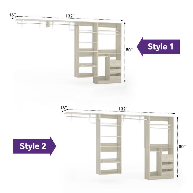 Qvella 59"-132" Closet System with Adjustable Shelves and Drawers,Multi-Functional Combination Wardrobe System Closet Organizer