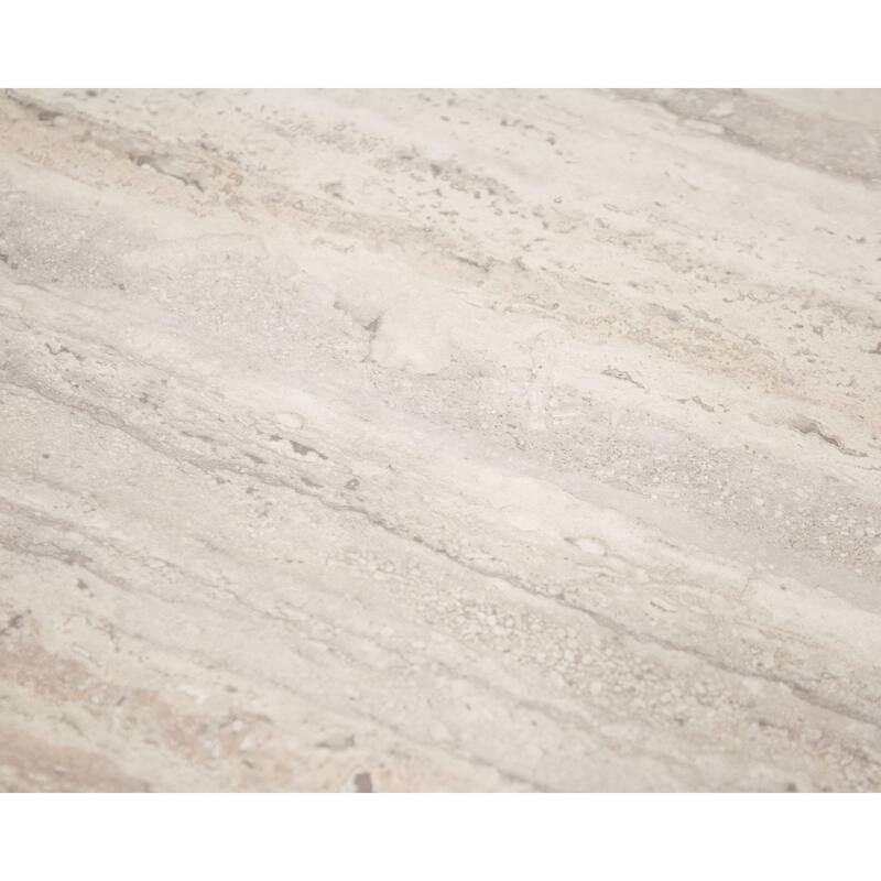 Lia 18 Inch End Table, Round Travertine Stone Finish Laminated Top