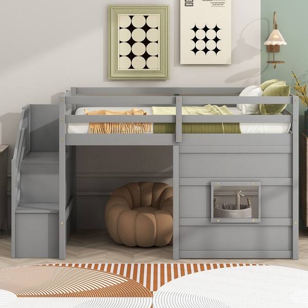 slide 2 of 15, Multifunctional and Playful Design, Wood Loft Bed with Storage Staircase, Safety Guaranteed,Twin, Grey Grey