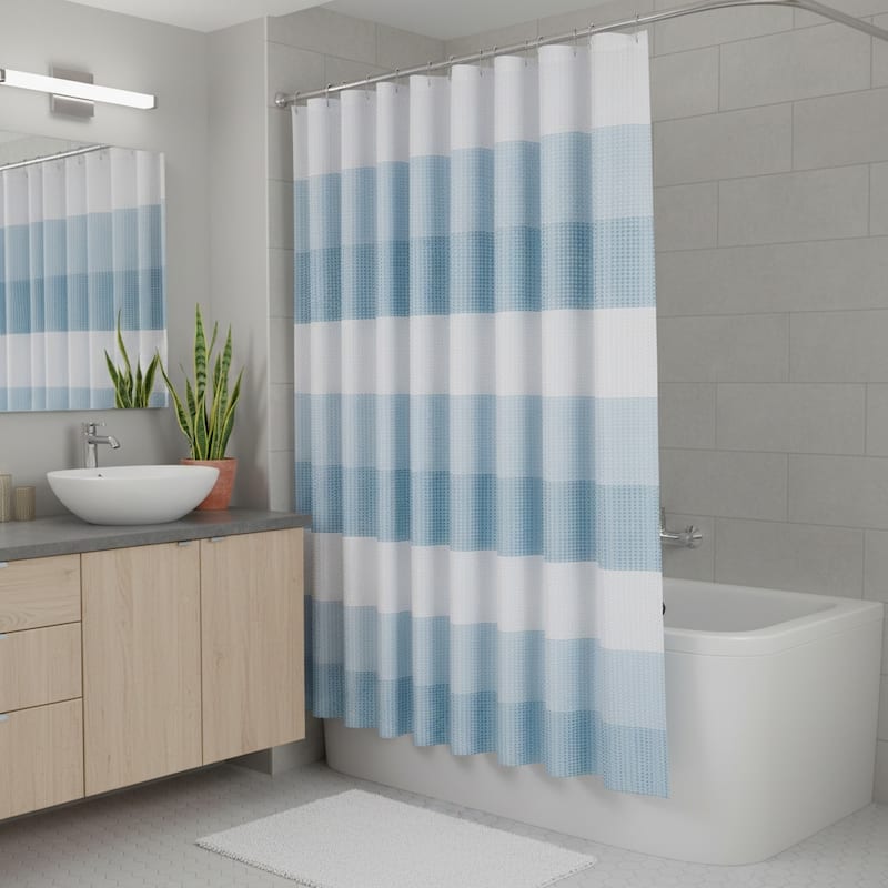 HomeRoots 72" White And Blue Striped Shower Curtain - 70.00 in. x 72.00 in.  x 0.10 in.