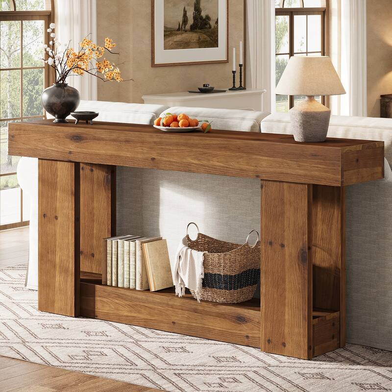Solid Wood Console Table, 63" Farmhouse Sofa Table Behind The Couch - 11.81" D x 63" W x 33.46" H