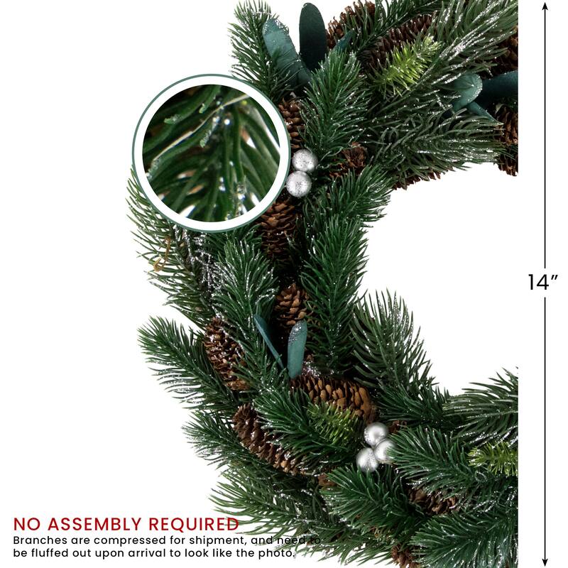Green Pine, Pinecone Berries Artificial Christmas Wreath, 14", Unlit