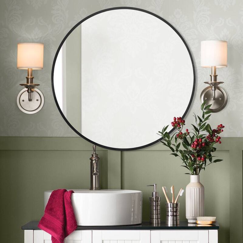 Classic Round Accent Bathroom Mirror Metal Frame Hanging Wall Mounted Circle Mirror for Wall Decor Vanity Entryway Living Room