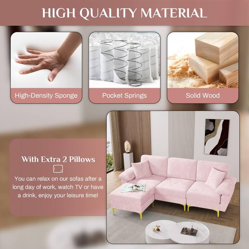 Ouyessir 2-Pieces Upholstered Velvet Sectional Sofa with 2 Pillows & Ottoman