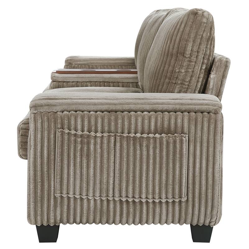 133" Corduroy 4-Seater Sofa with USB Ports, Flip-Top Cup Holders, and Hidden Storage