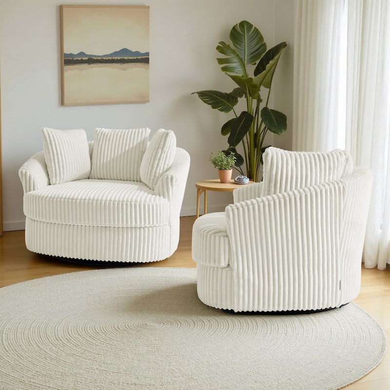 2 Set Oversized 43" W Plush Corduroy Swivel Barrel Chair with Pillows