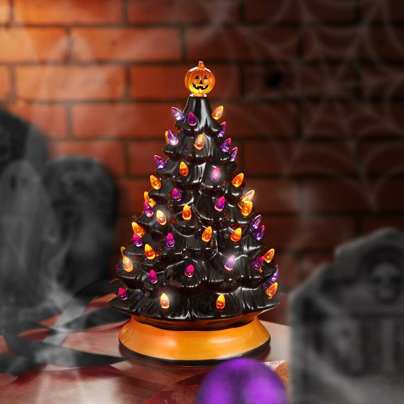 15in Hand Painted Ceramic PreLit Halloween Tree w Pumpkin and Star