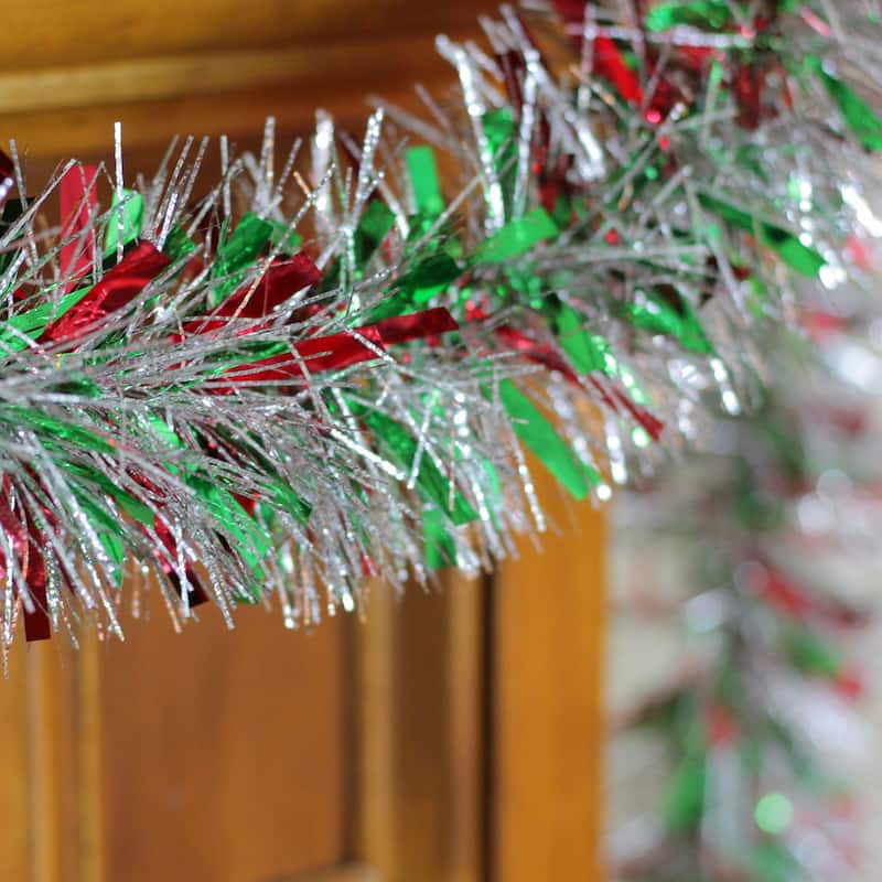 Wide Cut Tinsel Christmas Garland - 12' x 4" - Silver, Red and Green - Unlit
