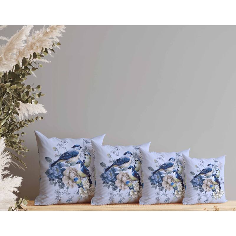 Petal Perched Birds Faux Suede Reversible Throw Pillow Skyblue and Lavender