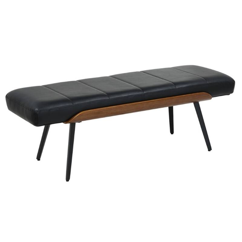 Mid-Century Modern Faux Leather & Metal Bench - Black & Walnut - Black