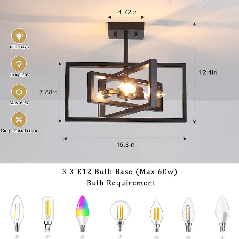 15.8 in. 3-Light Modern Farmhouse Semi-Flush Mount Ceiling Light, Classic Semi Flush Mount Chandelier for Kitchen Dining Room