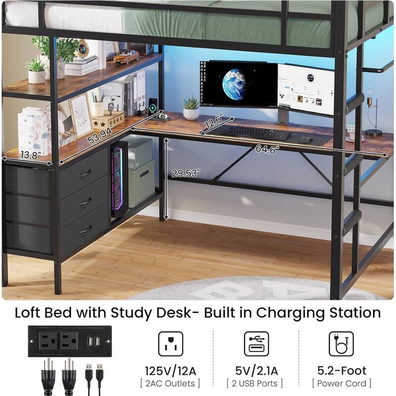 Loft Bed with L-Shaped Desk Charging Station Metal LED Lights 3 Fabric Drawers