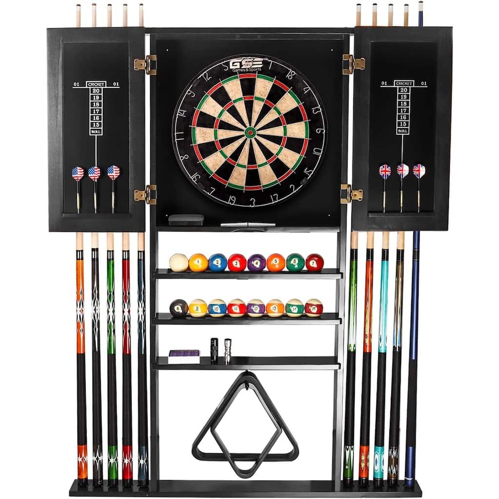 GSE™ 10-Cue Wall Mounting Billiard Cue Rack & Dart Board Cabinet Combination. Hanging Wall Pool Stick Holder & Dartboard Cabinet