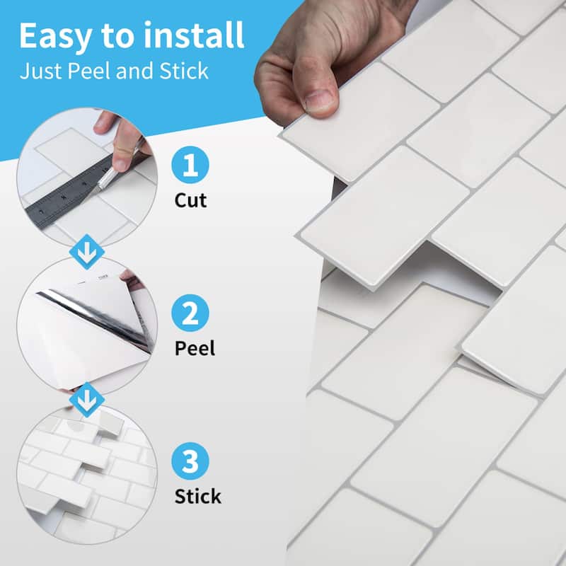 Art3d 12''x12'' Peel and Stick Backsplash Tile,Self-adhesive Subway Tiles for Kitchen,White with Gray Grout ,10pcs