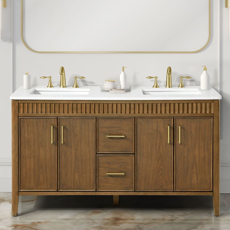 OVE Juliette Warm Walnut Bathroom Vanity with White Quartz Top - Warm Walnut - 60"