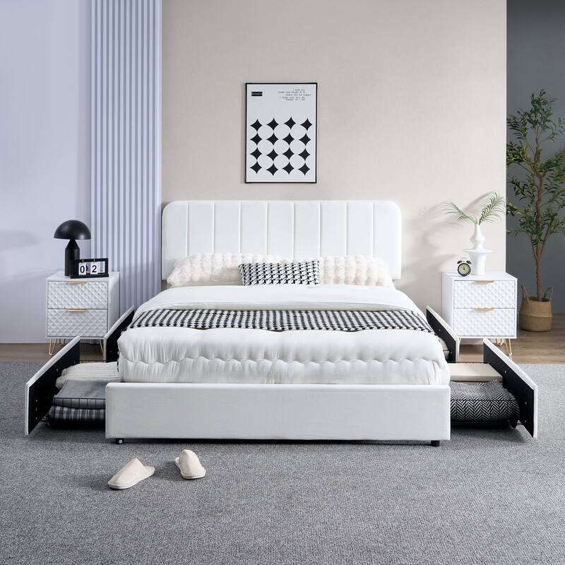White Upholstered Platform Bed Frame with 4 Storage Drawers, Adjustable Velvet Rivets Headboard
