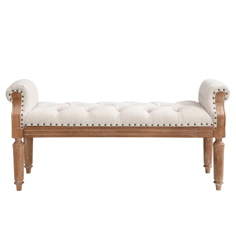 Christopher Knight Home - Mid-Century Solid Rubberwood Upholstered Bench with Rolled Arms, Button-Tufted Cushion & Nailhead Trim