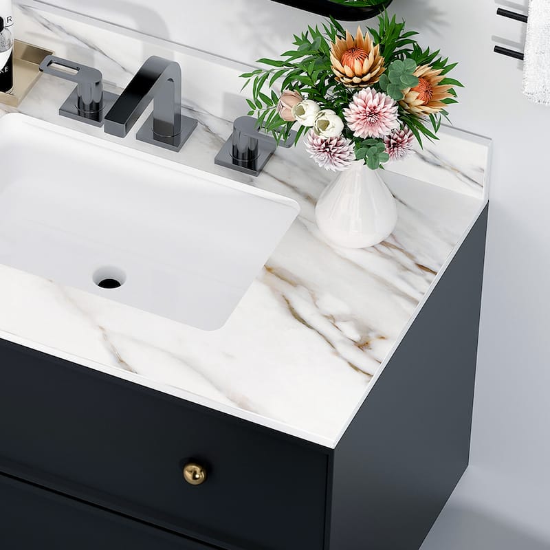 37 Inch Bathroom Marble Vanity Top,Undermount Middle Sink,4" Height Backsplash,Pre-Drilled 8 Inch Faucet Hole Spread Vanity Top