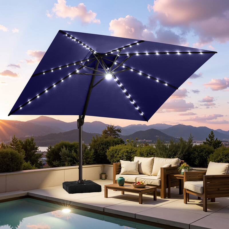 10 FT x 13 FT Outdoor Patio Premium LED Lighted Double Top Cantilever Offset Umbrella with Base - Navy Blue