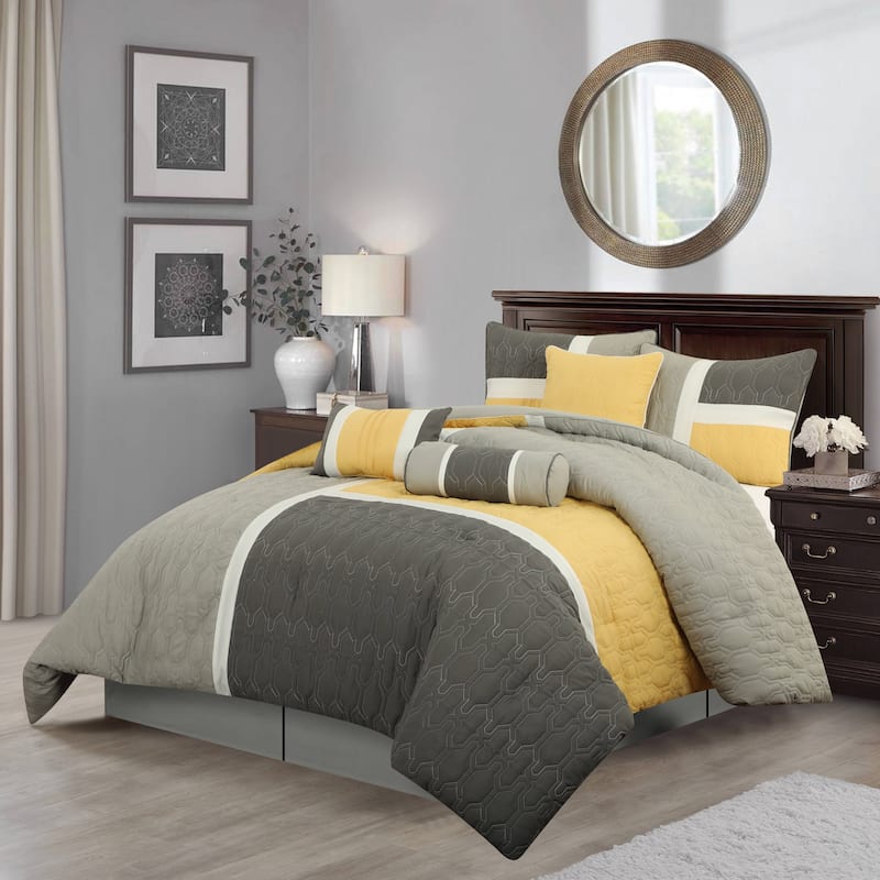 Nanshing Blake 7 Piece Modern Colorblock Comforter Set - Grey/Yellow - Queen