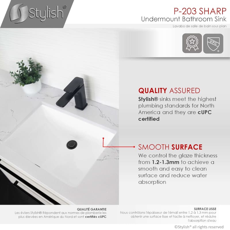 STYLISH Porcelain Rectangular 21 inches Undermount Ceramic Bathroom Sink with Overflow