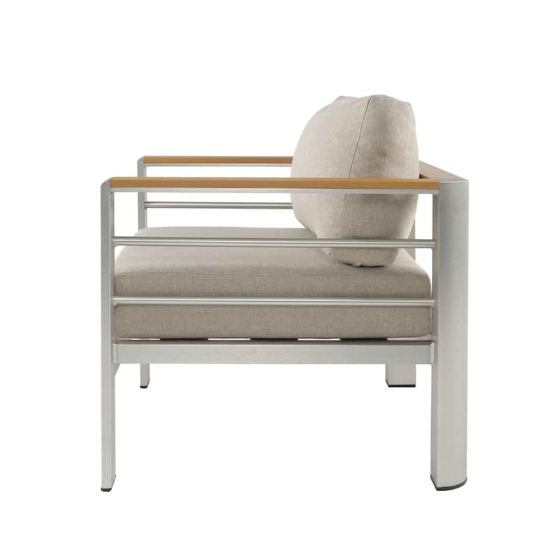 Roomfitters Modern Outdoor Patio Sofa Set, Aluminum Frame with Cushions & Wood-Style Table, Beige+Silver