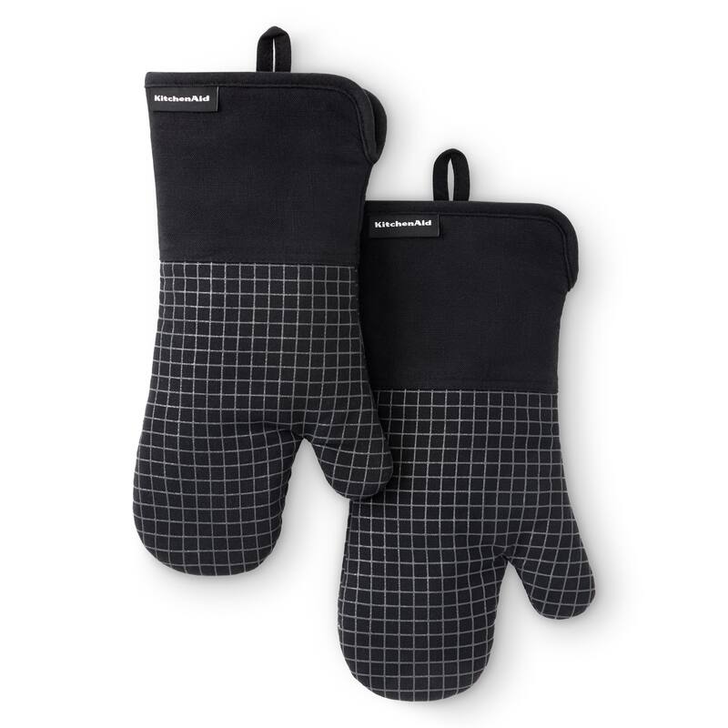 KITCHENAID Gourmet Series Gridlines Oven Mitts 2-Pack Set, Heat Resistant up to 600°F, Soft Silicone Grip, Magnetic Cuff - Matte Black