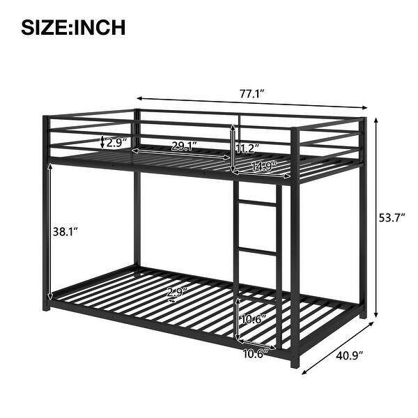 Black Twin over Twin Size Metal Low Bunk Bed with Ladder and Fence for Kids' Bedroom