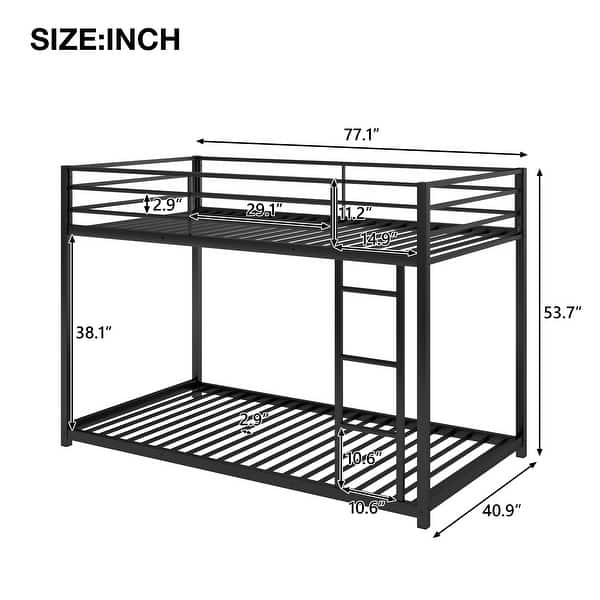 dimension image slide 1 of 3, Twin over Twin Size Metal Low Bunk Bed with Ladder & Fence