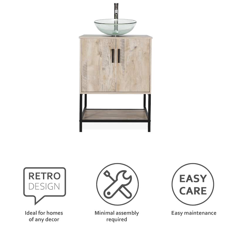 24" Bathroom Vanity Sink Combo Oak Cabinet Vanity Tempered Glass/Ceramic Sink