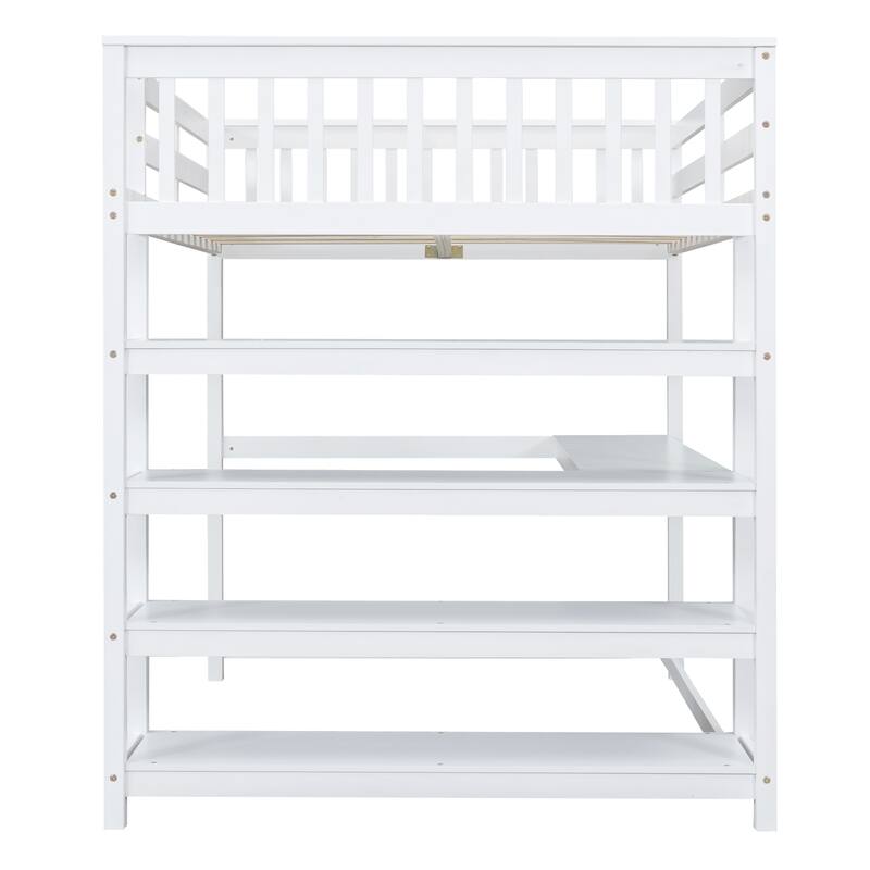 Full/Twin Size Loft Bed with Under-bed Desk & Storage Shelves, Space-Saving Design, Solid Pine Frame, No Box Spring Required
