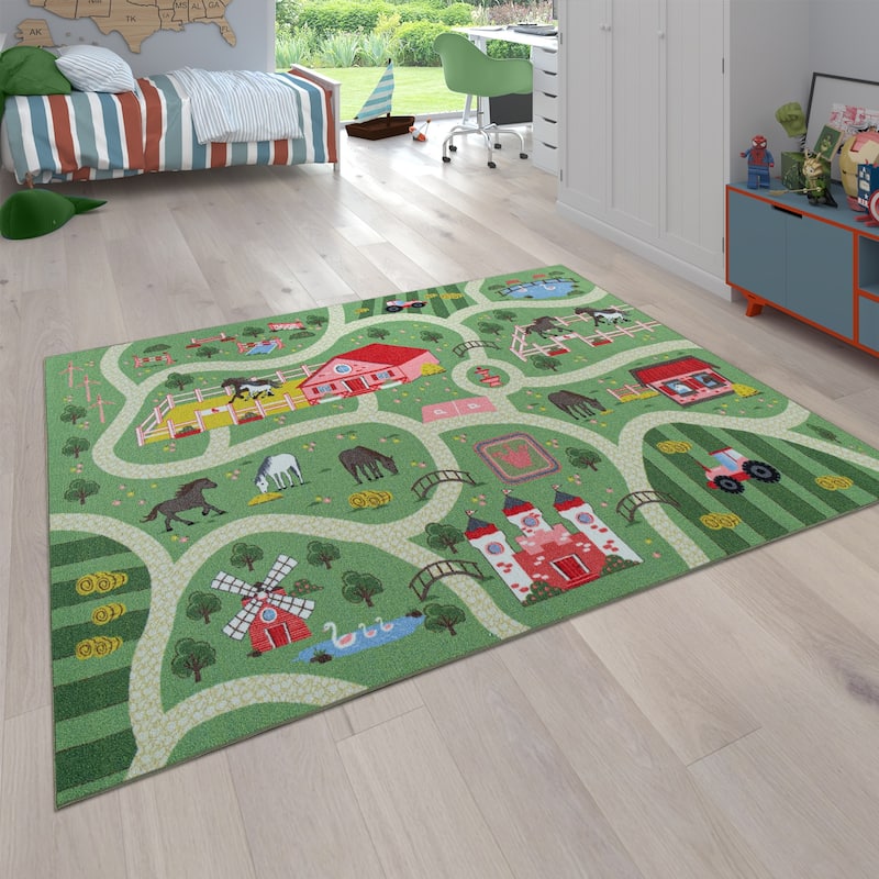 Kids Play Mat Rug Happy Horse Farm for Playroom Green - 2'8" x 4'11"