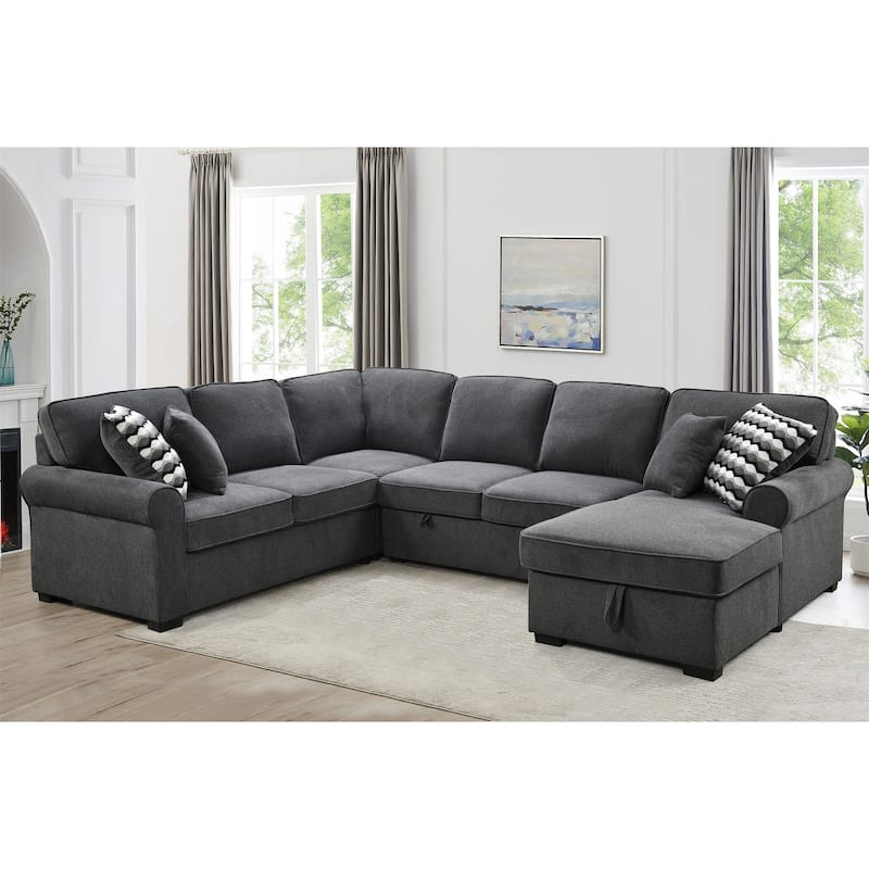 Removable Cushions Sectional Sofa with Storage Chaise and 4 Pillows - Dark Grey